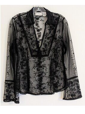 Vintage Scala Sheer Black Beaded Long Sleeve V-Neck Blouse, Elegant Sexy, size S